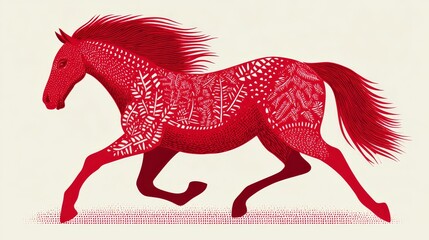Red paper-cut illustration of a cute horse in simple flat vector style, isolated on white background for design projects.