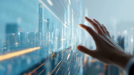 A close-up of a human hand reaching towards a digital interface displaying a futuristic city skyline. The scene emphasizes technology and innovation. - Powered by Adobe