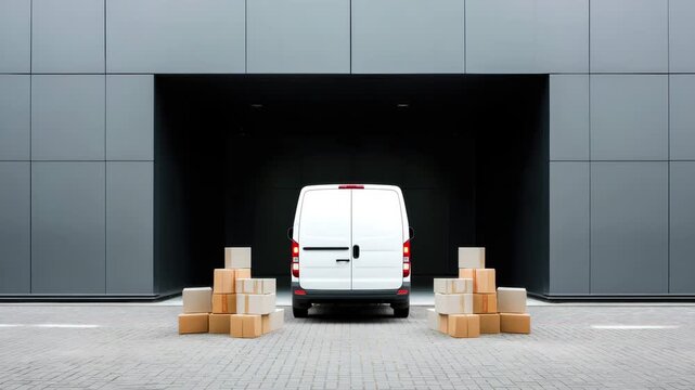 A white delivery van parked in front of a modern building. Several cardboard boxes are stacked beside the van, creating a scene of logistics and transportation.