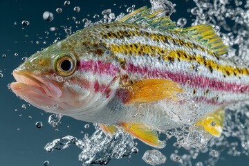 Large silvery-brown and pink striped fish jumping out of water with white splash on dark blue background, hyperrealistic wildlife action scene.
