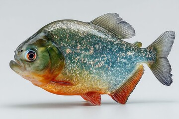 Realistic freshwater piranha isolated on white background, showcasing sharp teeth and detailed scales of the aquatic predator.