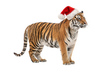 Obraz premium Tiger cub wearing festive Santa hat standing, isolated on a transparent background