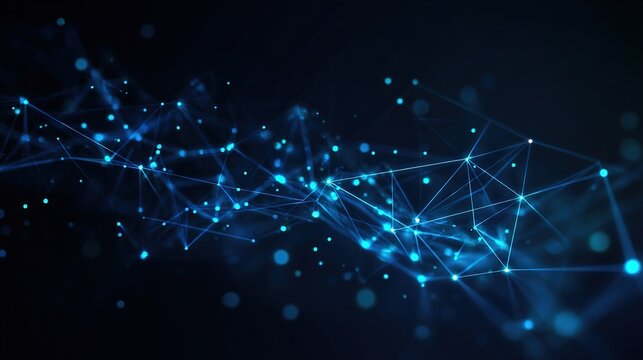 The futuristic AI workflow diagram visualizes a complex network of glowing cyan and dark blue nodes and connections, with flowing data particles moving along bright paths against a dark background.