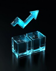 Blue upward pointing arrow on glass blocks forming growth graph against black background, symbolizing success and progress.