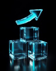 Blue upward pointing arrow on glass blocks forming growth graph against black background, symbolizing success and progress.