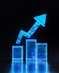 Blue upward pointing arrow on glass blocks forming growth graph against black background, symbolizing success and progress.