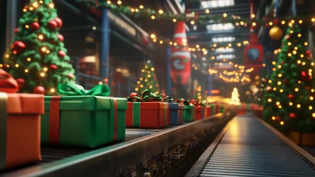 Holiday Manufacturing Line with Presents and Sparkling Lights