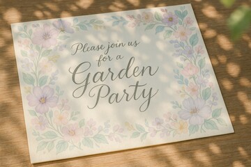 Garden party invitation card with pastel floral border on wooden table under soft natural light.