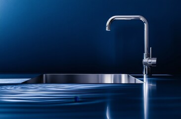Sleek stainless steel kitchen sink with elegant faucet, water surface reflecting light and creating ripples on dark blue background.