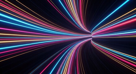Vivid light trails create a dynamic tunnel effect in a futuristic scene