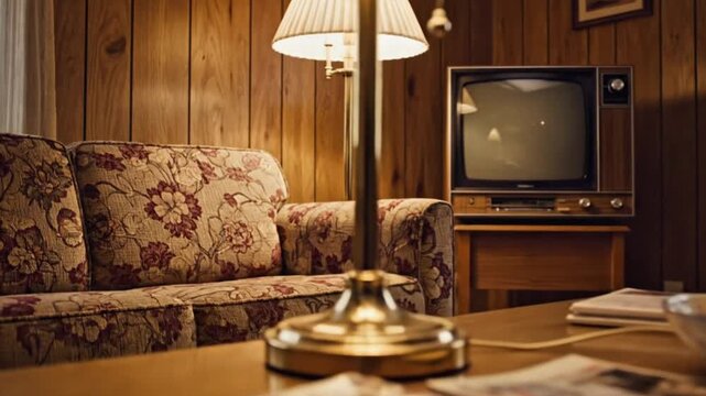 Nostalgic 1970s Living Room with Wood Paneling and Vintage Floral Couch
