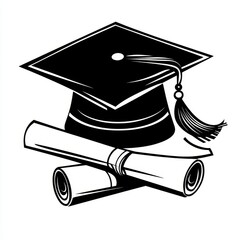 Open graduation cap with rolled diploma, black and white vector flat icon for education, academic achievement, and ceremony.