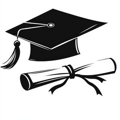 Open graduation cap with rolled diploma, black and white vector flat icon for education, academic achievement, and ceremony.