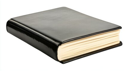 Black leather notebook with beige pages isolated on white background, open and empty for writing, journaling, or sketching.