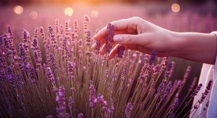 Hand touching lavender flowers at sunset in a peaceful field