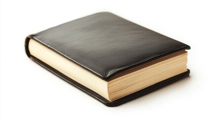 Black leather notebook with beige pages isolated on white background, open and empty for writing, journaling, or sketching.