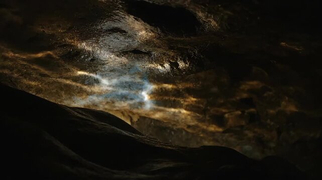 Ripples of light reflecting from water onto cavern ceiling in soft focus. Natural underground illumination patterns shifting over time. Cave exploration footage with ethereal glow effects.
