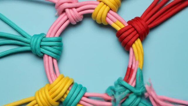 Intertwined colorful cords form a circular pattern on a light blue background