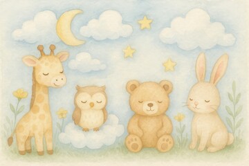 Watercolor illustration of cute sleeping animals under moon and stars, baby giraffe, owl, bear and bunny in dreamy night scene.