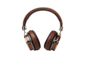 Vintage-style brown leather headphones with silver hardware, isolated on a transparent background
