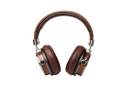 Vintage-style brown leather headphones with silver hardware, isolated on a transparent background - Powered by Adobe