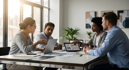 Diversos ejecutivos profesionales internacionales, trabajadores de equipos de negocios y l&iacute;deres de juntas directivas que usan computadoras port&aacute;tiles para discutir la gesti&oacute;n corporativa que trabajan