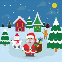 Santa Claus celebrating Christmas in a snowy village with trees and playful animals