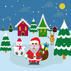 Santa Claus celebrating Christmas in a snowy village with trees and playful animals