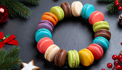 Christmas wreath made entirely of colorful macarons. Sweet festive fantasy.