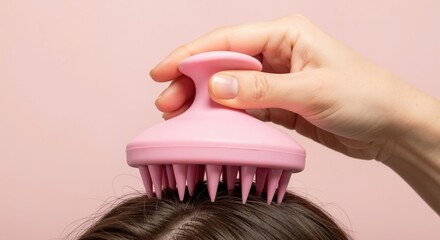 A hand using a pink silicone scalp massager on dark hair. Hair care treatment for a healthy scalp. Beauty and self-care routine concept