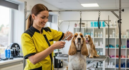 Professional female groomer trimming a cocker spaniel with scissors. Pet care specialist giving a haircut to a dog in a modern grooming salon
