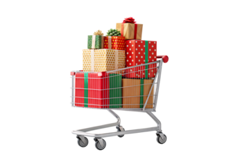 Shopping cart loaded with wrapped Christmas presents in festive polka dot and solid wrapping paper, isolated on a transparent background
