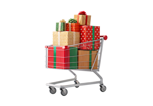 Shopping cart loaded with wrapped Christmas presents in festive polka dot and solid wrapping paper, isolated on a transparent background