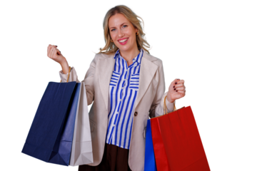 Happy woman holding shopping bags after retail therapy, enjoying sale purchases and consumerism on transparent background