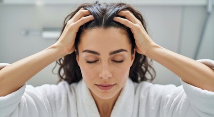 Woman massaging her scalp with her eyes closed. Brunette applying hair care treatment or shampoo for healthy hair growth. Self-care and beauty routine in the bathroom