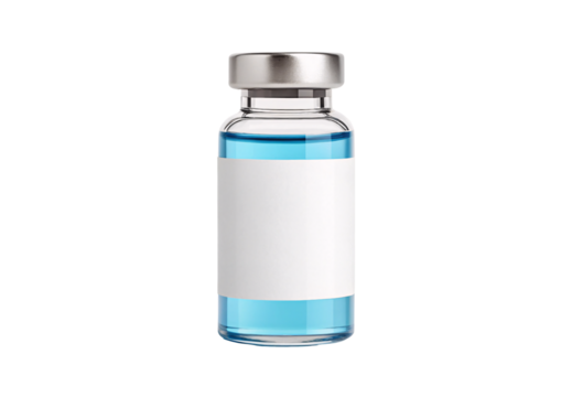 Pharmaceutical glass bottle containing blue solution with empty white label and metallic screw top, isolated on a transparent background