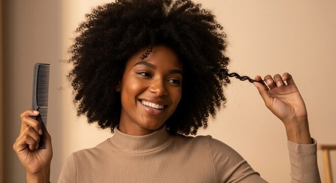 Happy Black woman with a voluminous afro holding a comb and twisting a curl. Natural hair care and beauty routine concept
