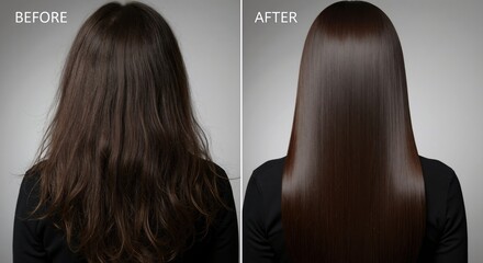 Woman's hair before and after a salon treatment. Transformation from dry and frizzy to smooth, sleek, and shiny straight hair