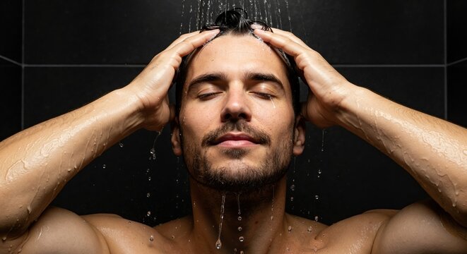 Handsome man washing his hair in the shower. Male grooming and daily hygiene routine for hair care. Self-care and wellness concept