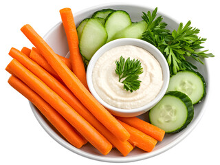 Healthy snack plate with fresh vegetables and dip isolated on transparent background. Ideal for food design.