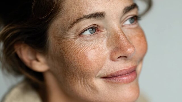Smiling woman with beautiful eyes enjoys a warm and candid moment in natural light indoors