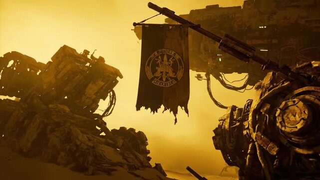 Desert landscape with mechanical turret and hanging banner. Sci-fi outpost on alien planet with emblem flag waving in wind. Space exploration adventure footage.