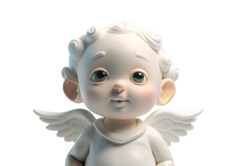Ceramic cherub figurine with curly hair, blue eyes, and small wings smiling sweetly, isolated on a transparent background