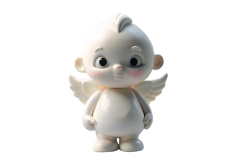 White porcelain baby angel with wings, rosy cheeks, standing pose cheerfully, isolated on a transparent background