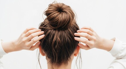 A woman with brown hair styles a messy bun updo from a back view. Casual hairstyle and hair care concept on a white background