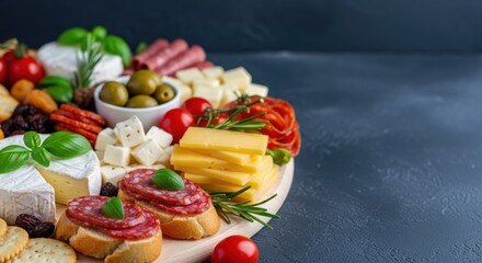 Gastronomic Feast: A beautifully arranged charcuterie board laden with a delectable assortment of artisanal cheeses, cured meats, olives, and fresh herbs.