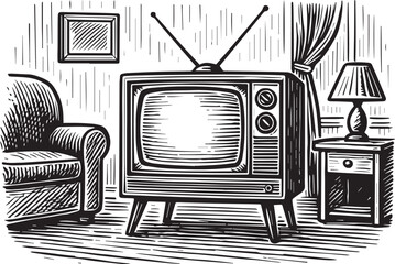 Vintage TV set vector hand drawn illustration