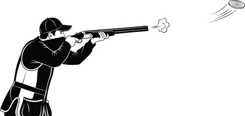Man aiming shotgun at flying clay pigeon with smoke, shotgun, shooting, clay pigeon, trap shooting, skeet shooting, sport, competition, aiming, firing, target, projectile, smoke, action, silhouette, b