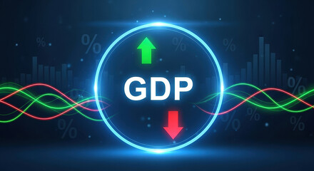 GDP concept with up and down arrows inside a glowing circle illustrating gross domestic product trends and economic analysis on a digital background