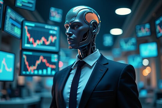 A future cyborg in suit and tie embraced by floating financial screens, linked to AI tech by digital brain